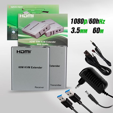 Удлинитель KVM HDMI (Extender) по витой паре (RJ45) 60м